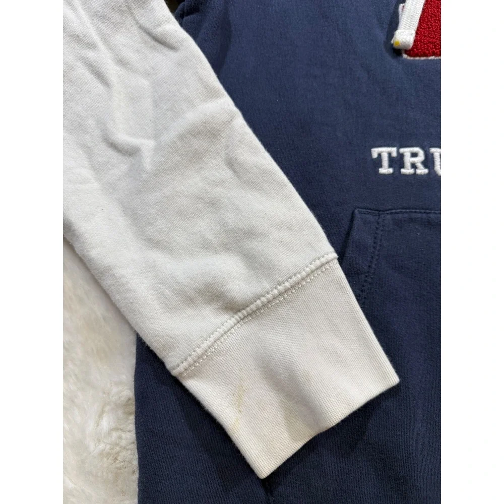 True Religion Hoodie Navy Blue S Varsity Chenille Patch Colorblock Skater Retro